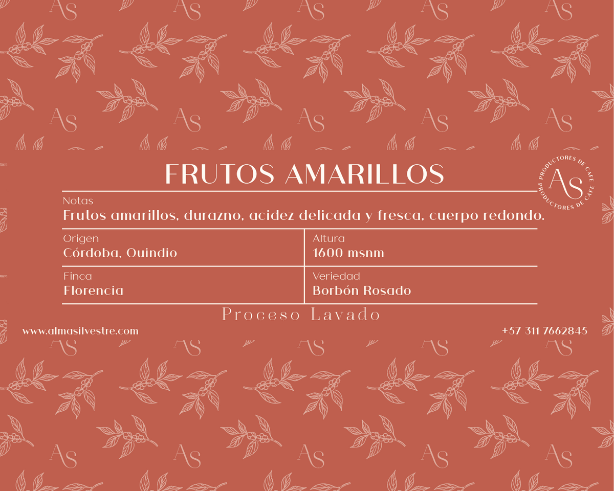 Etiqueta del café de especialidad Frutos Amarillos Alma Silvestre: notas de taza, variedad y puntaje SCA