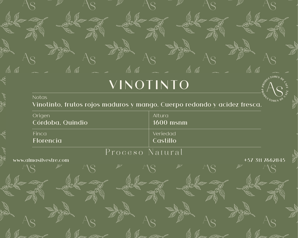 Etiqueta del café de especialidad Vinotinto Alma Silvestre: notas de taza, variedad y puntaje SCA
