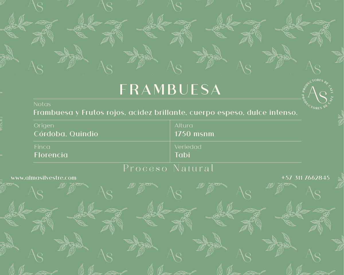 Etiqueta del café de especialidad Frambuesa Alma Silvestre: notas de taza, variedad y puntaje SCA