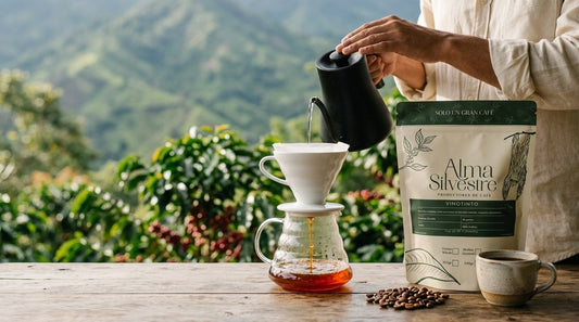 Preparación de café de especialidad Vinotinto Alma Silvestre en V60 en una finca cafetera del Quindío