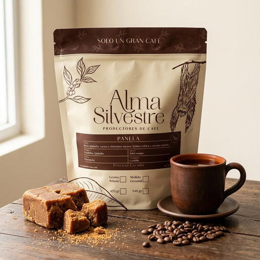 Café de especialidad Panela Alma Silvestre con bloque de panela y taza de barro, notas dulces a panela y cacao