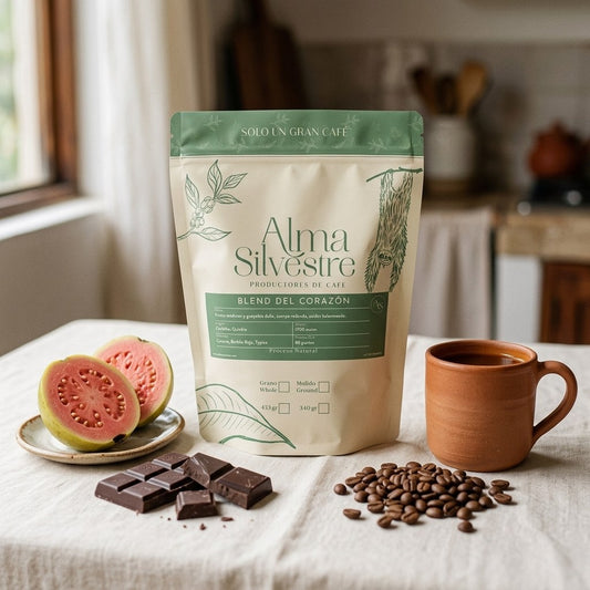 Café de especialidad Blend del Corazón Alma Silvestre con guayaba, chocolate y taza de barro