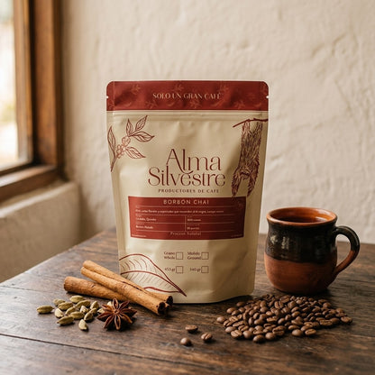 Café Borbón Chai Alma Silvestre junto a una taza de barro y especias sobre mesa de madera