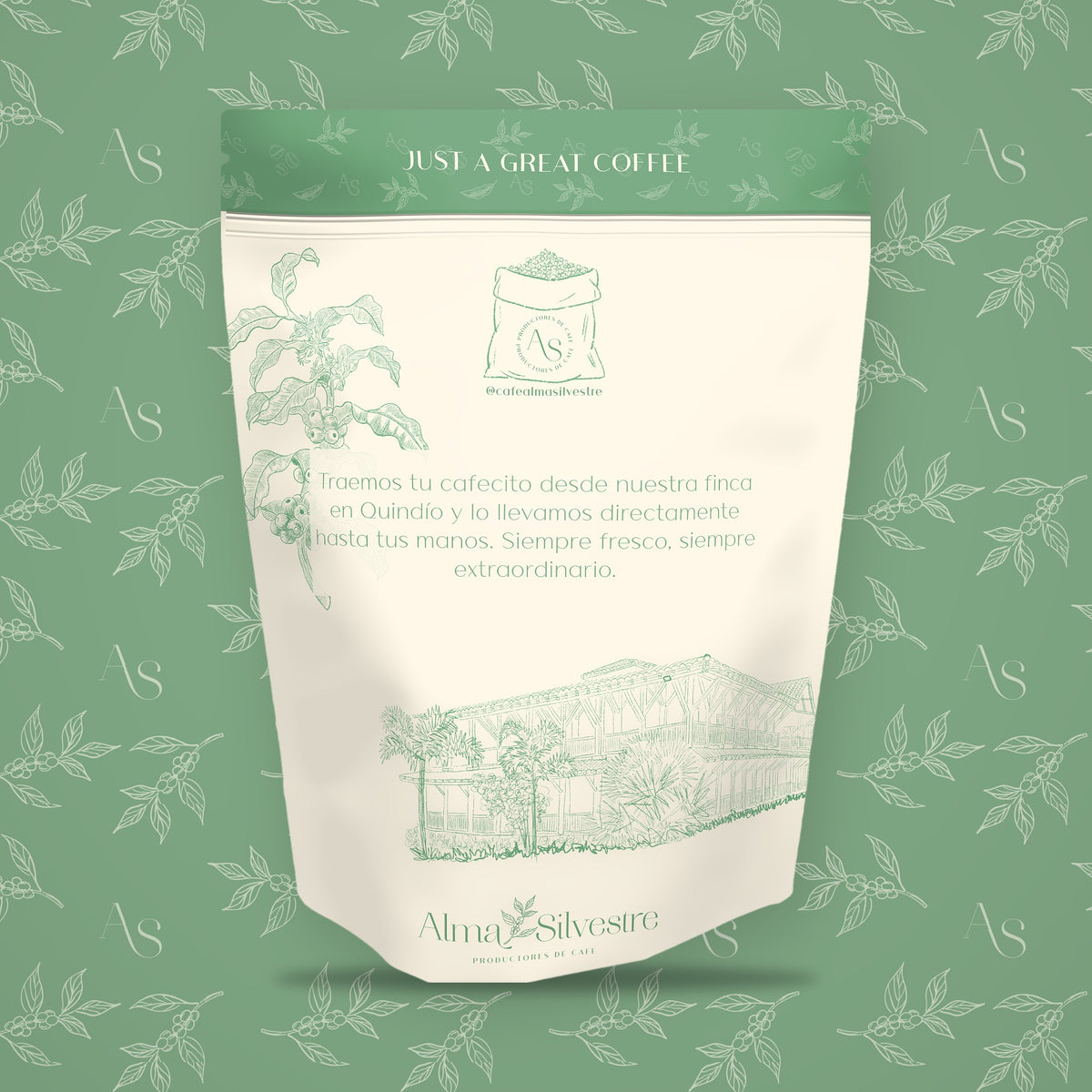 Reverso de la bolsa de café de especialidad Frambuesa Alma Silvestre, 340 g