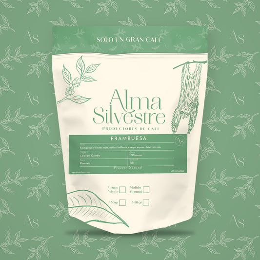 Bolsa de café de especialidad Frambuesa Alma Silvestre con etiqueta, 340 g