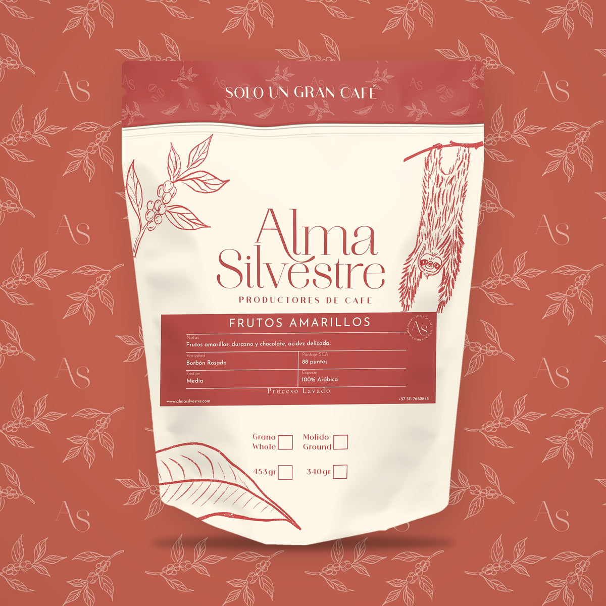 Bolsa de café de especialidad Frutos Amarillos Alma Silvestre con etiqueta, 340 g