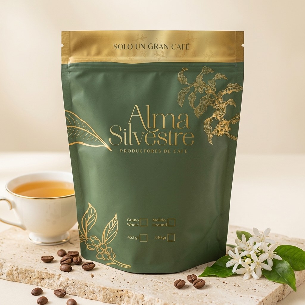 Café Gesha semilavado de especialidad Alma Silvestre, bolsa dorada con flores de cafeto y taza de porcelana