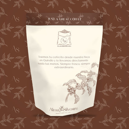 Reverso de la bolsa de café de especialidad Panela Alma Silvestre, 340 g