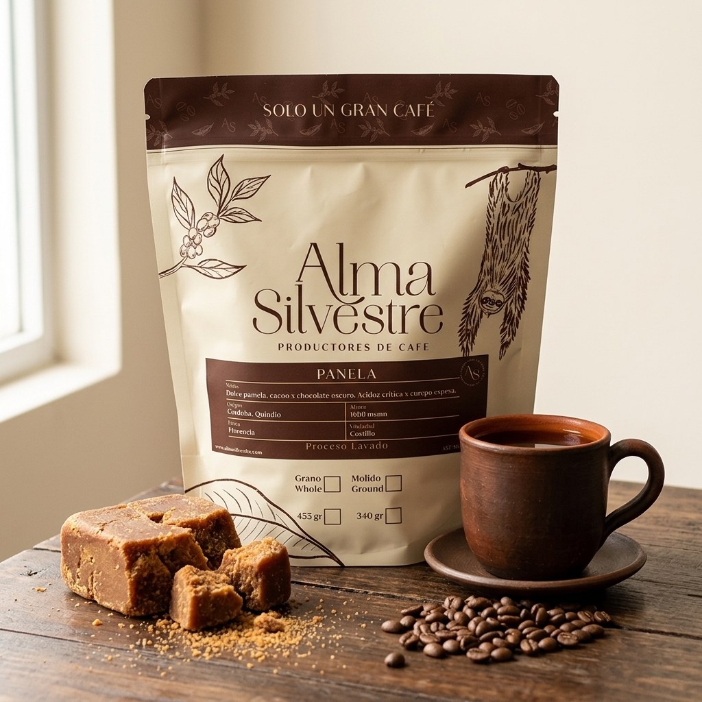 Café de especialidad Panela Alma Silvestre con bloque de panela y taza de barro, notas dulces a panela y cacao