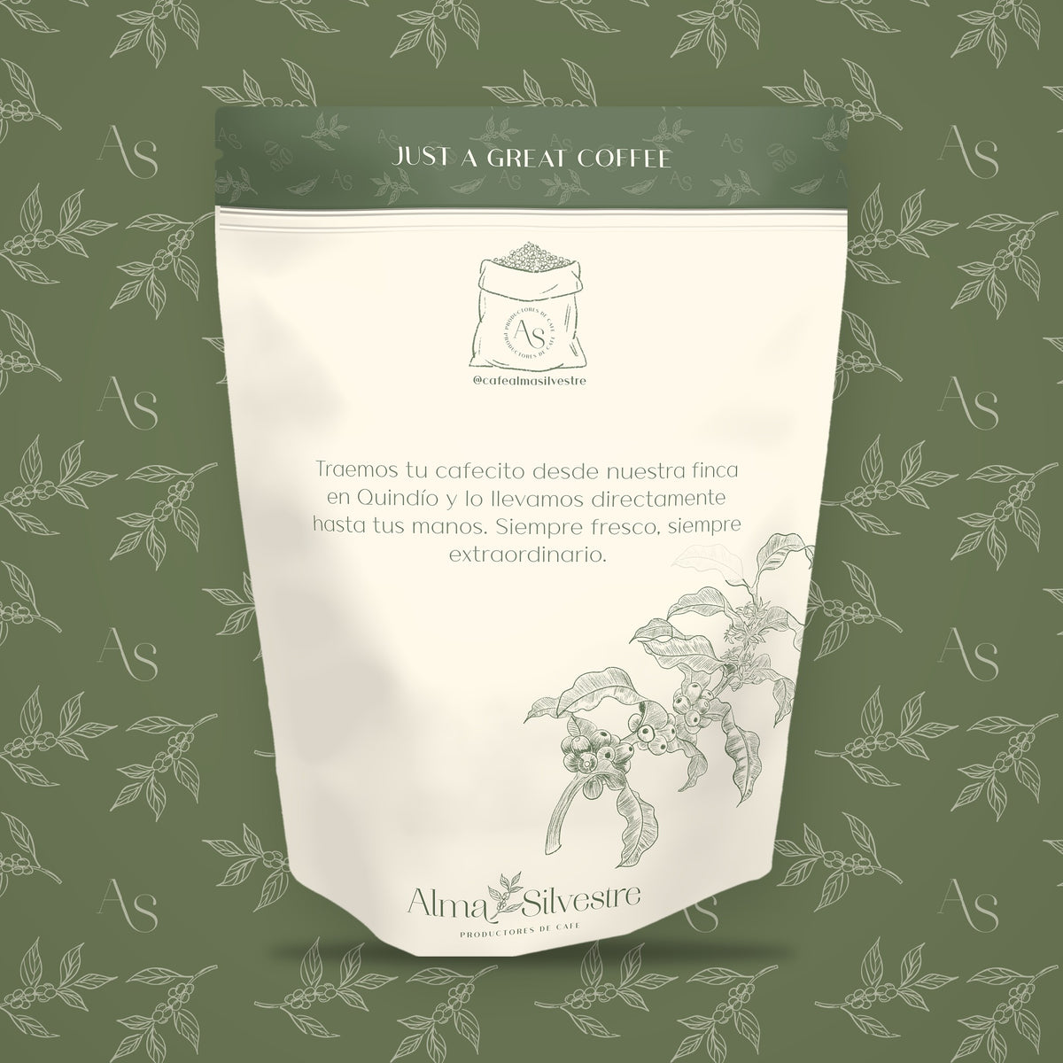 Reverso de la bolsa de café de especialidad Vinotinto Alma Silvestre, 340 g