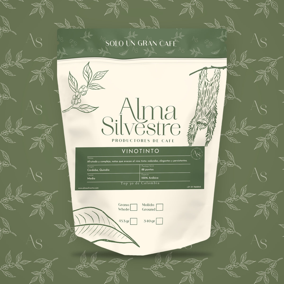 Bolsa de café de especialidad Vinotinto Alma Silvestre con etiqueta, 340 g