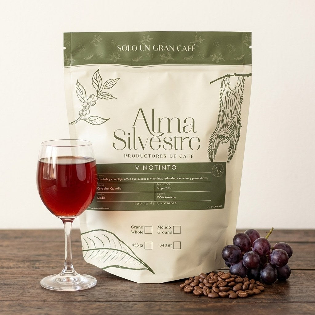 Café de especialidad Vinotinto Alma Silvestre con copa de café filtrado y uvas, notas a vino tinto