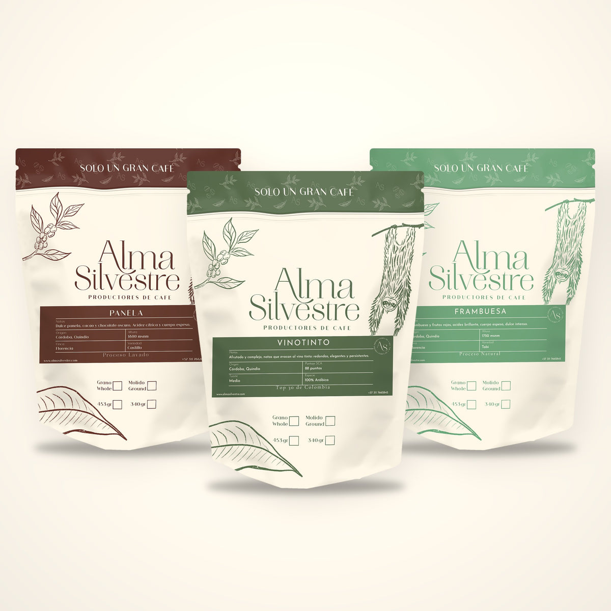 Kit Descubrimiento Alma Silvestre: bolsas de café de especialidad Panela, Vinotinto y Frambuesa